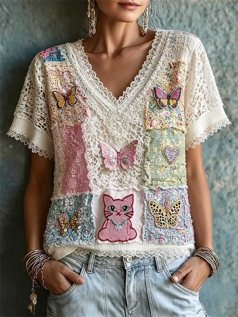 Women's Ivory Hollow Lace Color Block Embroidered Butterfly Cat Patch V Neck Short Sleeve Blouse