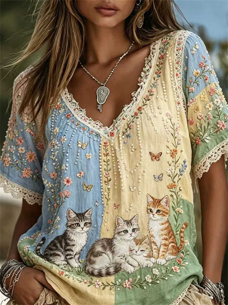 Women's Multi Color Block Embroidered Cat Floral Butterfly V Neck Short Sleeve Blouse