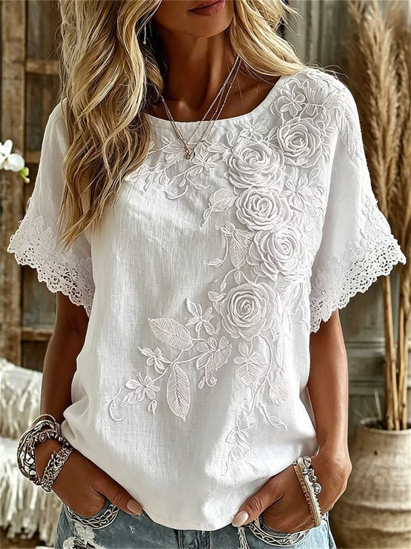 Women's White Rose Floral Embroidered Lace Trim Round Neck Short Sleeve Blouse