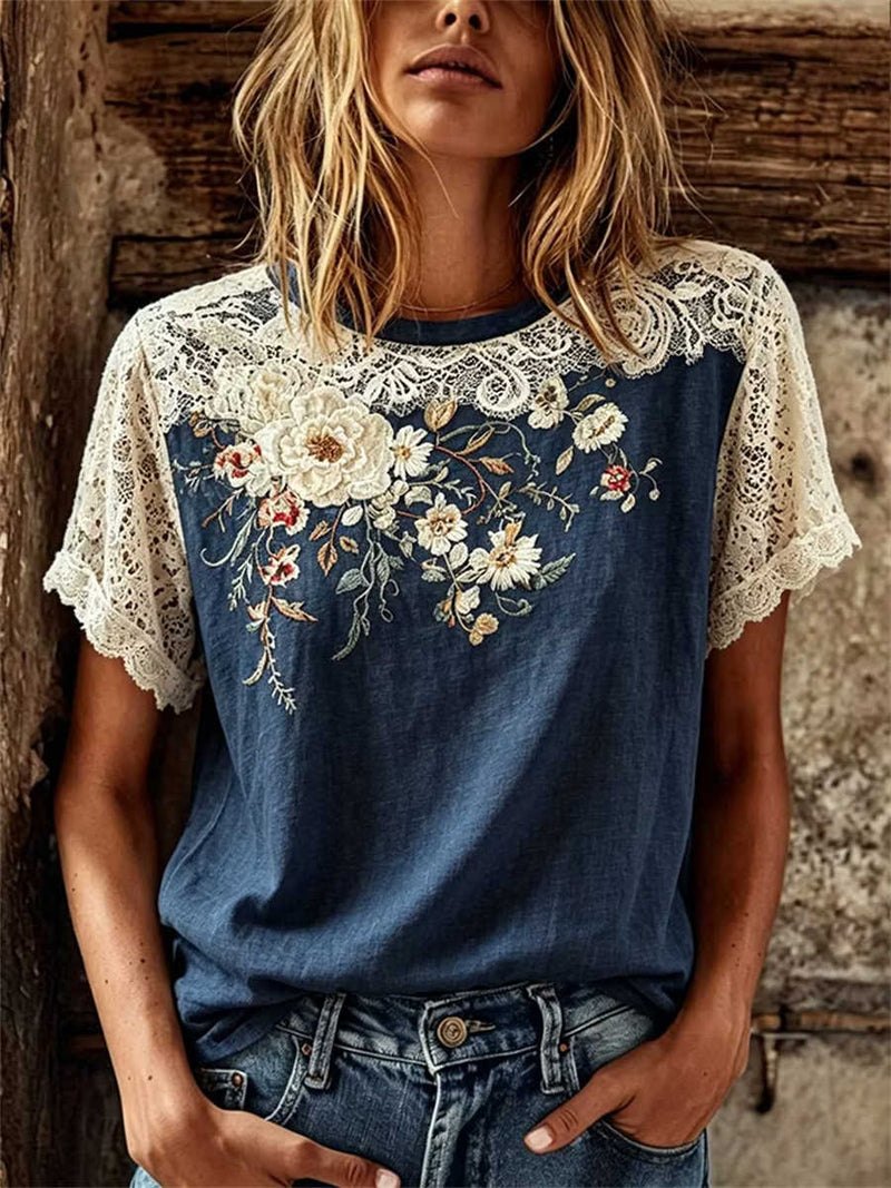 Women's Navy Floral Printed Lace Spliced Round Neck Short Sleeve Blouse