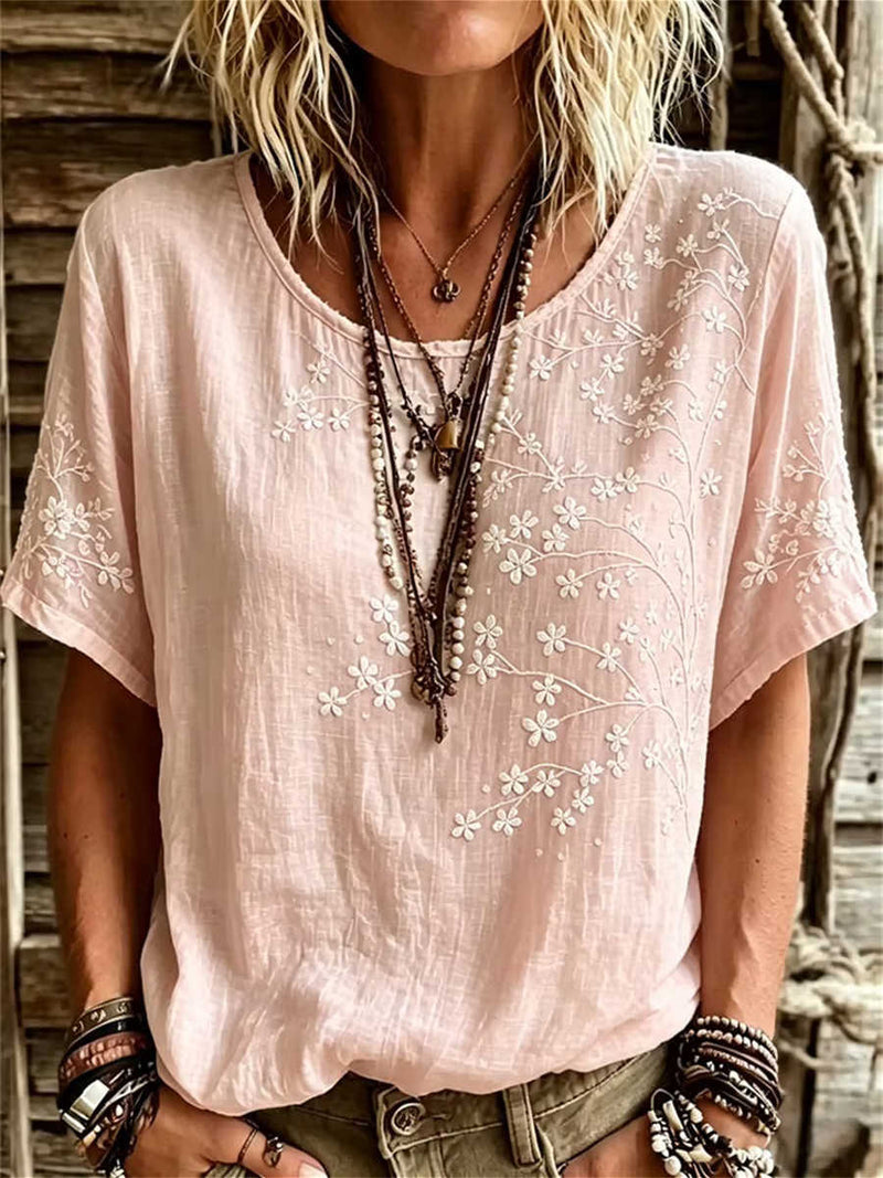 Women's Pink Floral Embroidered Round Neck Short Sleeve Blouse