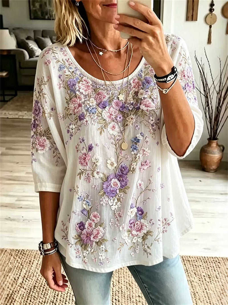 Women's White Floral Embroidered Round Neck 3/4 Sleeve Blouse