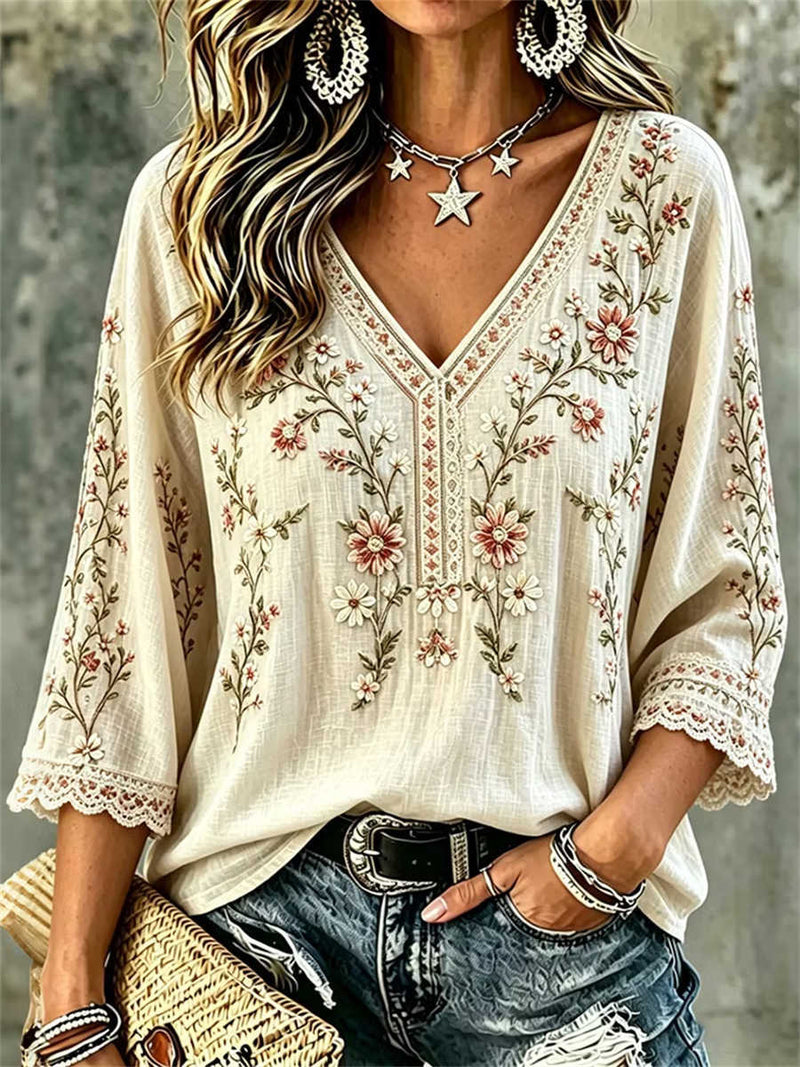 Women's Beige Floral Embroidered Lace Trim V Neck 3/4 Sleeve Blouse