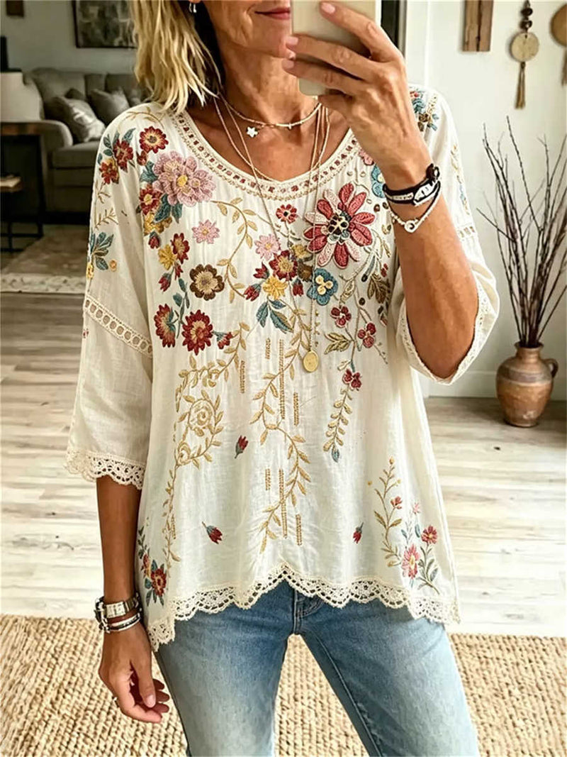Women's White Multicolor Floral Embroidered Lace Trim Round Neck 3/4 Sleeve Blouse