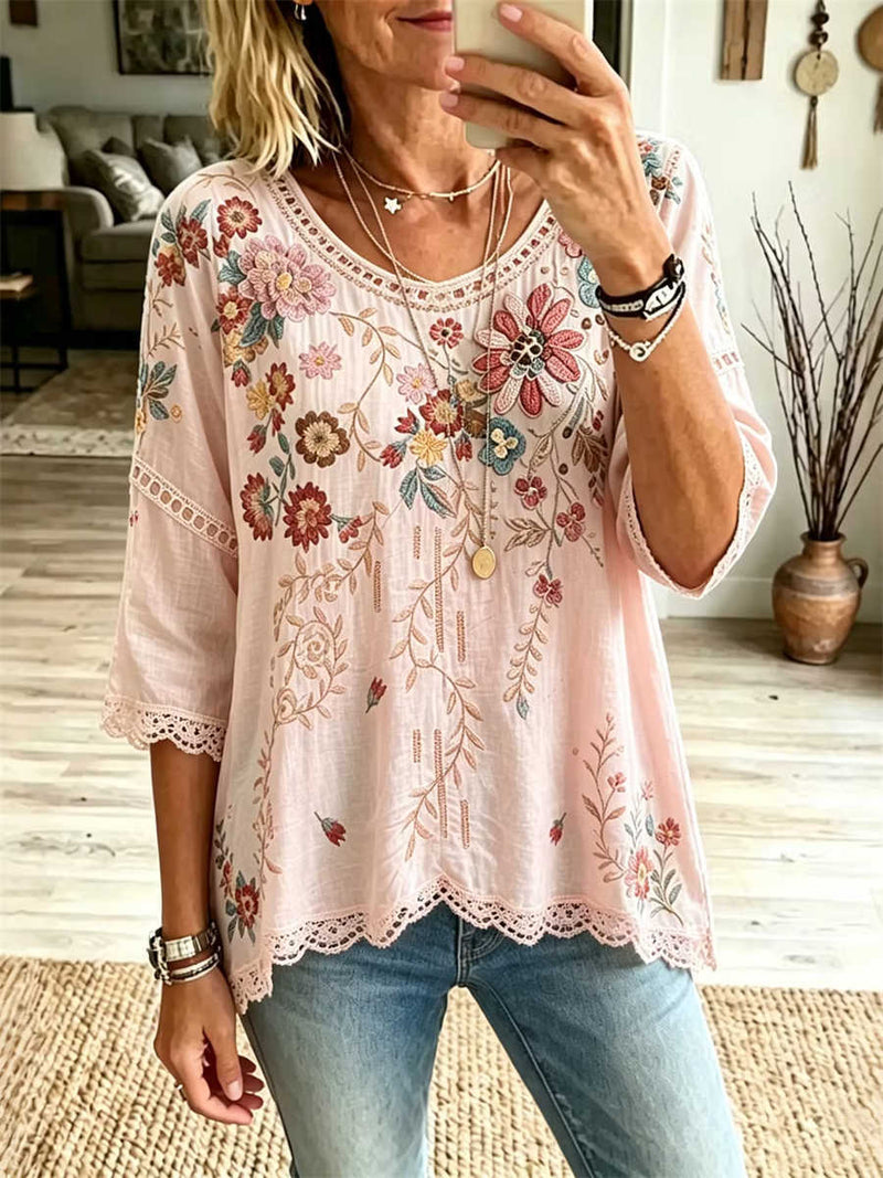 Women's Pink Multicolor Floral Embroidered Lace Trim Round Neck 3/4 Sleeve Blouse