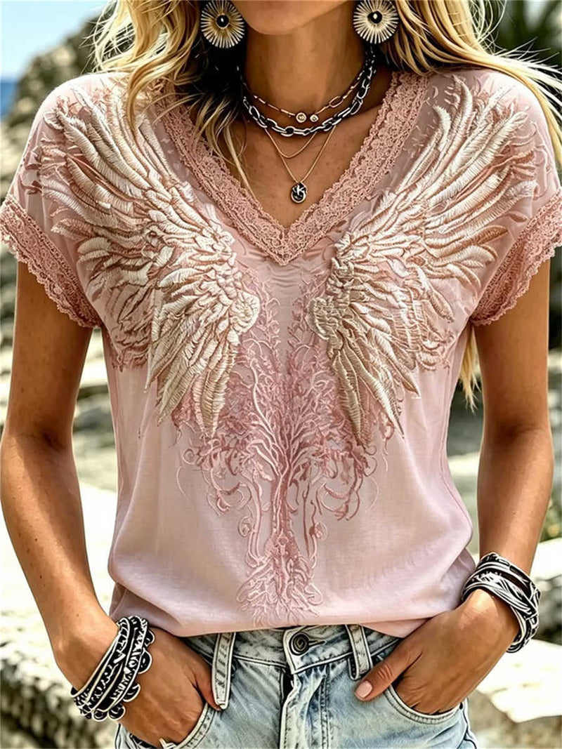 Women's Pink Wing Tree Embroidered Lace Trim V Neck Short Sleeve Blouse