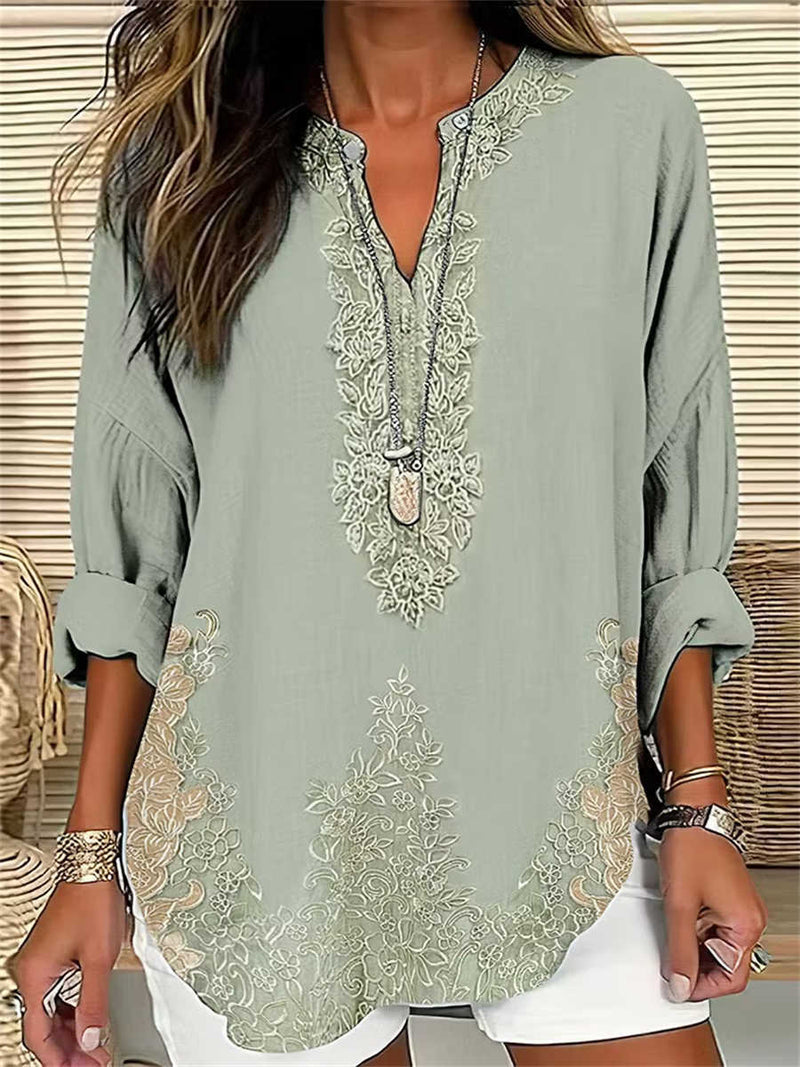 Women's Sage Floral Embroidered Notch Neck Long Sleeve Blouse