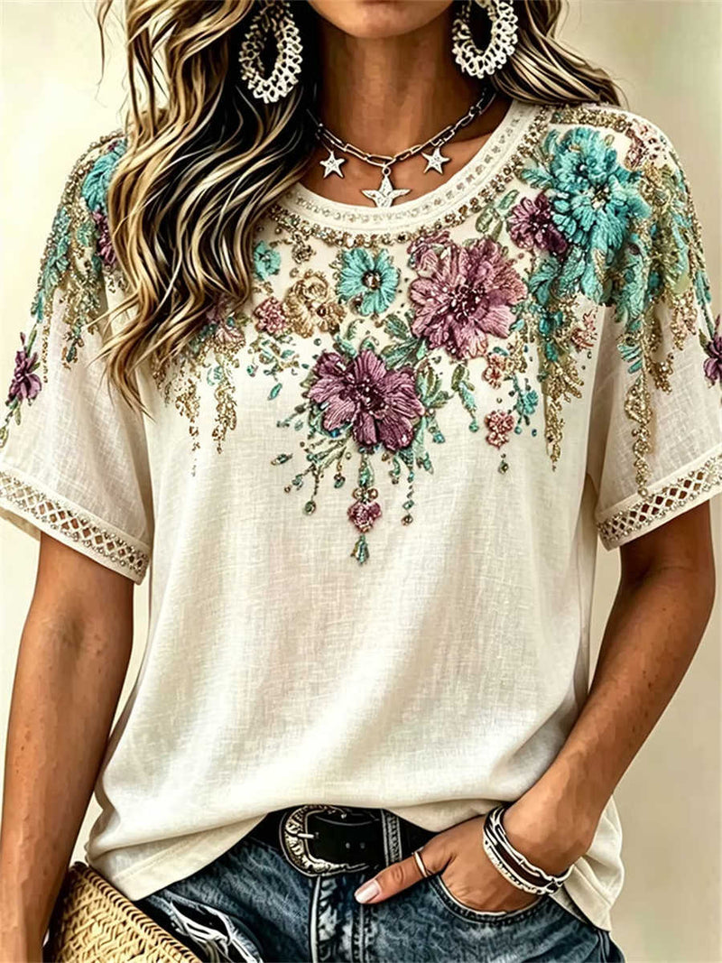 Women's Beige Multicolor Floral Embroidered Eyelet Trim Round Neck Short Sleeve Blouse