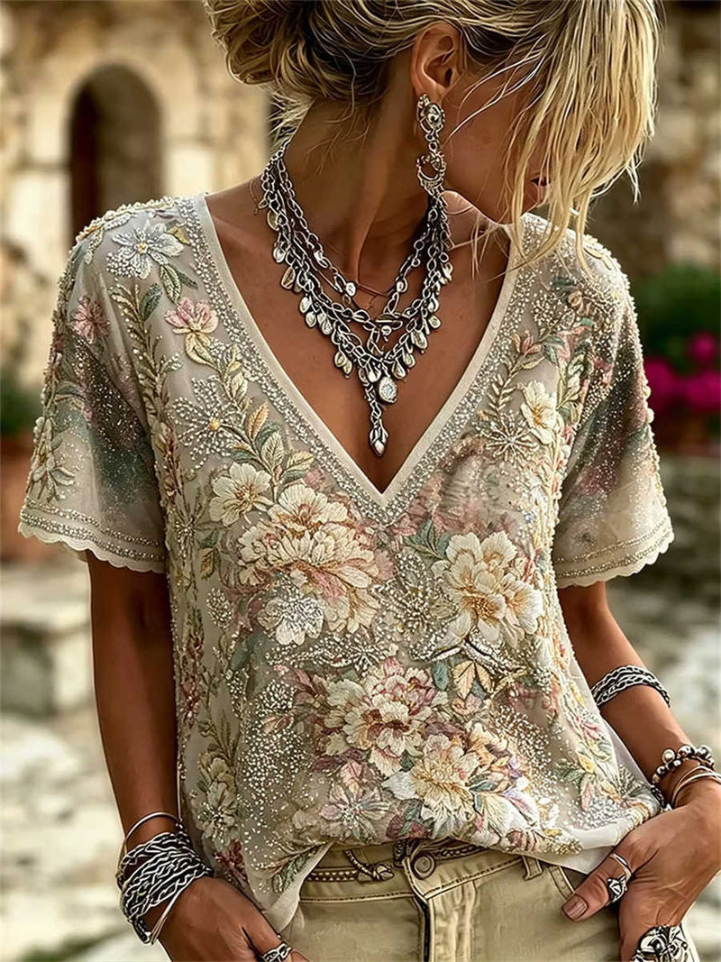 Women's Beige Floral Embroidery Lace Trim V Neck Short Sleeve Blouse