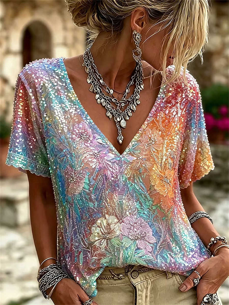 Women's Gradient Floral Sequin Mesh V Neck Short Sleeve Blouse