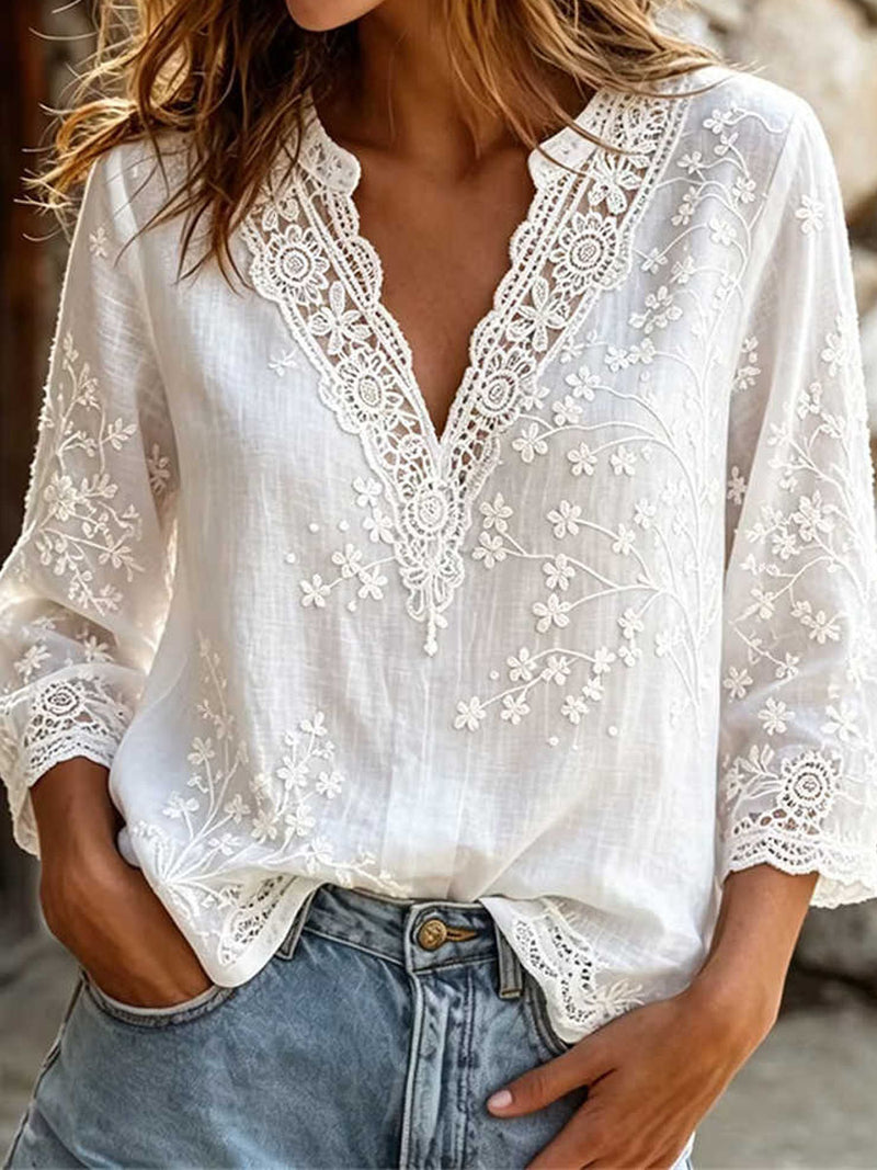 Women's White Hollow Lace Floral Embroidered V Neck 3/4 Sleeve Blouse