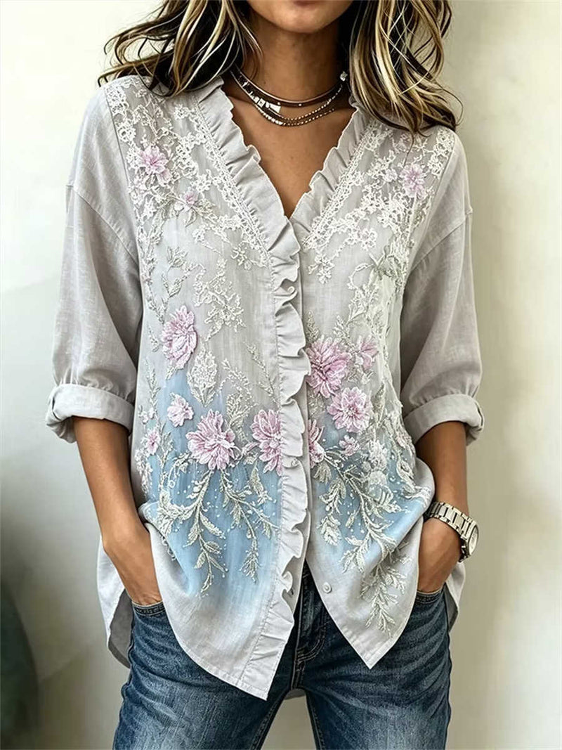 Women's Light Gray Gradient Floral Embroidered Ruffle V Neck Long Sleeve Blouse