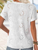 Women's White Floral Eyelet Button Front V Neck Short Sleeve Blouse