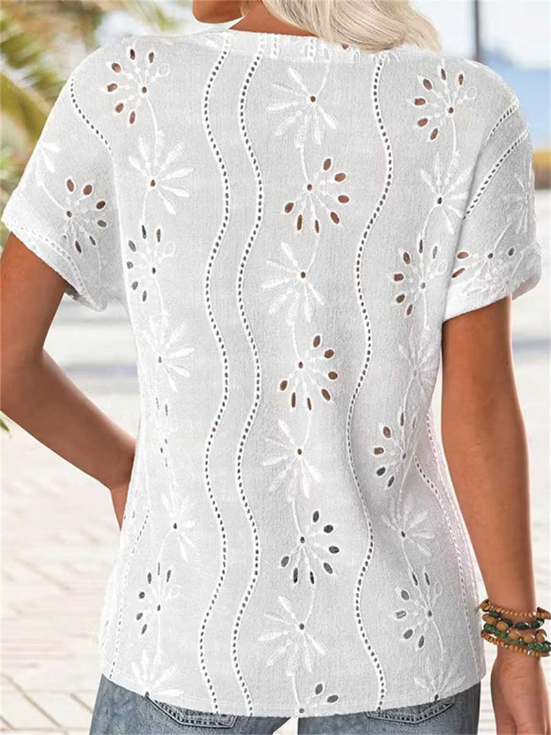 Women's White Floral Eyelet Button Front V Neck Short Sleeve Blouse