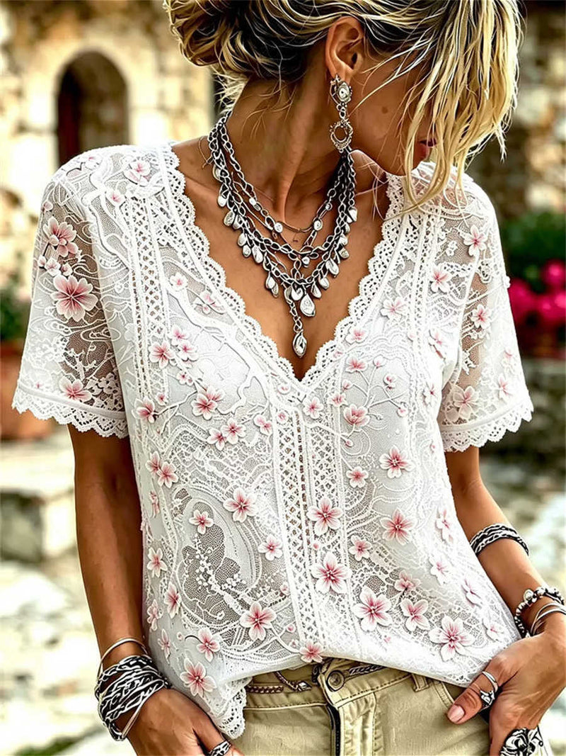 Women's White Pink Floral Embroidered Hollow Lace V Neck Short Sleeve Blouse