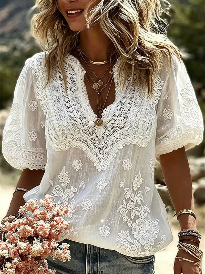 Women's White Floral Embroidered V Neck Puff Short Sleeve Blouse