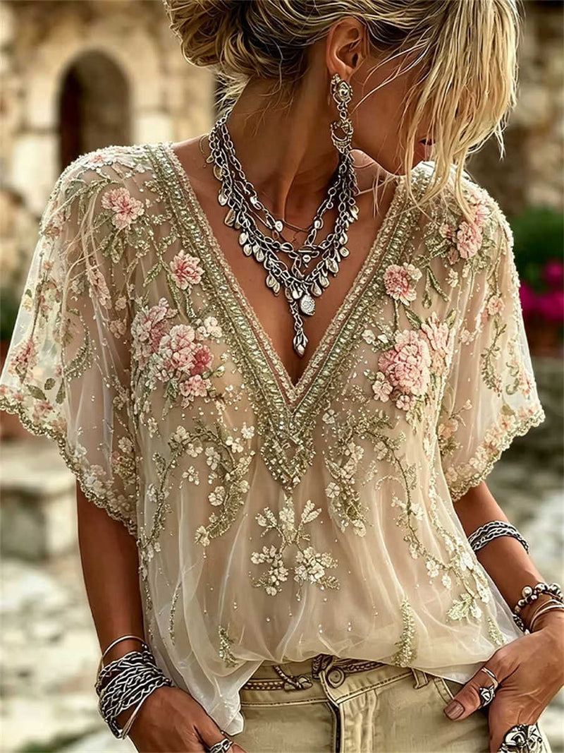 Women's Beige Pink Floral Embroidered Mesh V Neck Short Sleeve Blouse