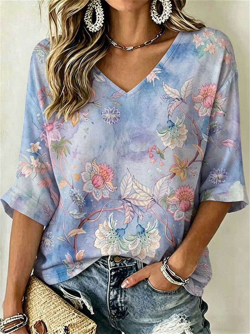 Women's Blue Watercolor Floral Print V Neck 3/4 Sleeve Blouse