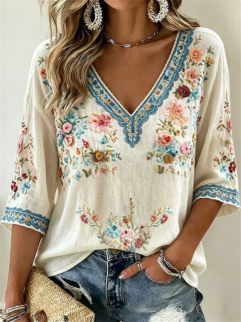 Women's Off White Floral Embroidered Lace V Neck 3/4 Sleeve Blouse