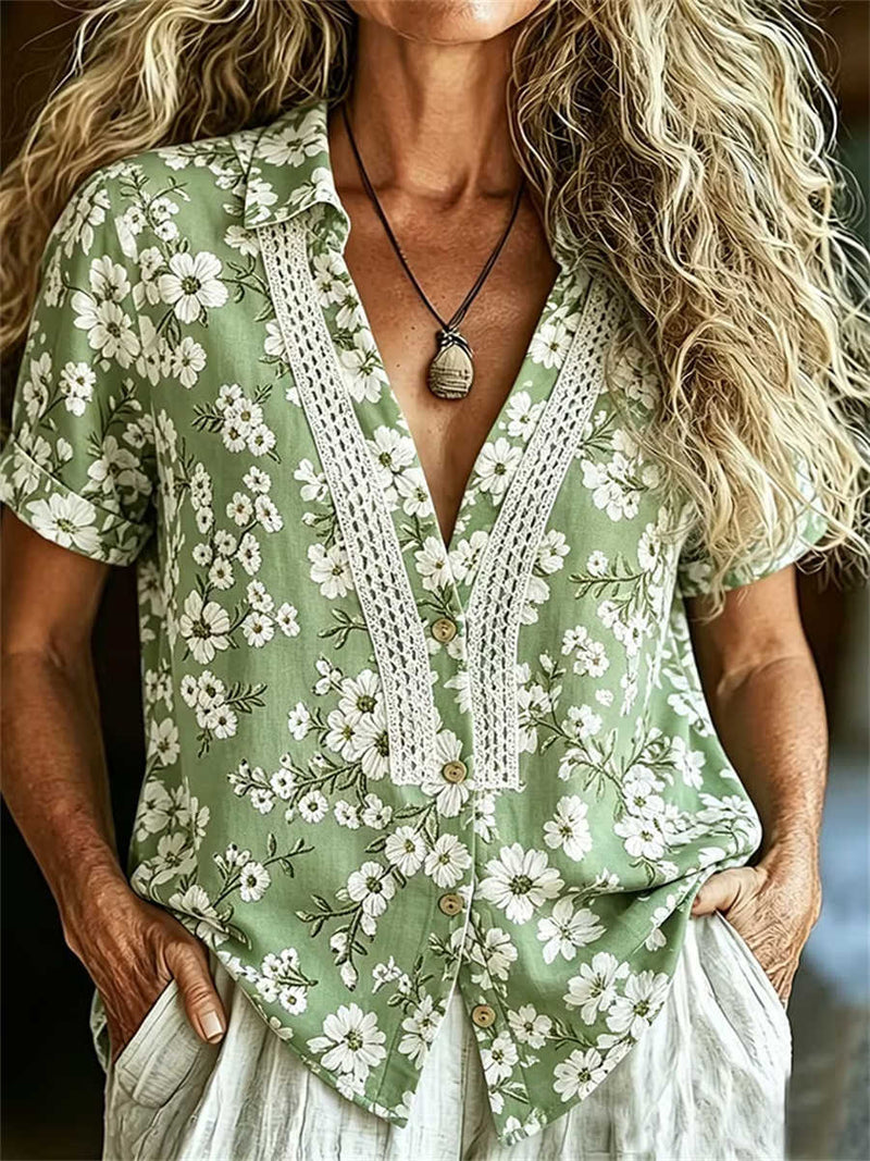 Women's Sage Floral Print Lace Trim Collared Short Sleeve Shirt