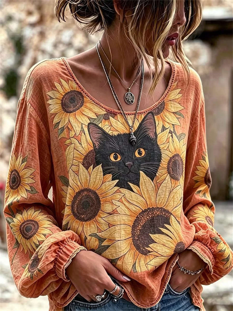 Women's Orange Black Cat Sunflower Print Round Neck Long Sleeve Blouse