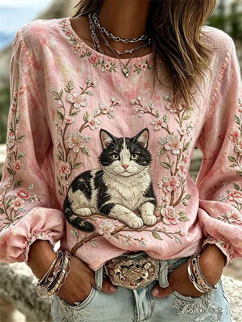 Women's Pink Floral Branch Tuxedo Cat Embroidered Round Neck Long Sleeve Blouse