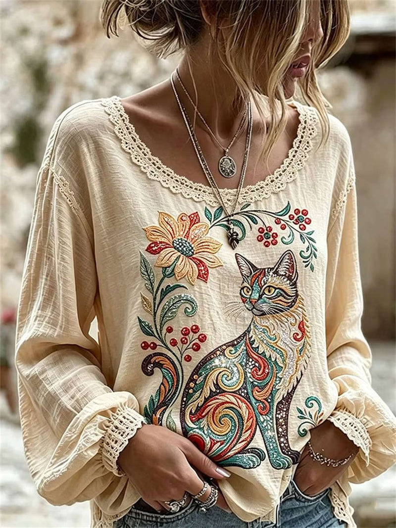 Women's Beige Floral Cat Embroidered Lace Round Neck Long Sleeve Blouse