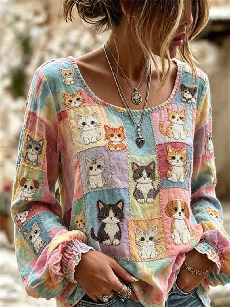 Women's Tie Dye Patchwork Cat Dog Embroidered Round Neck Long Sleeve Blouse