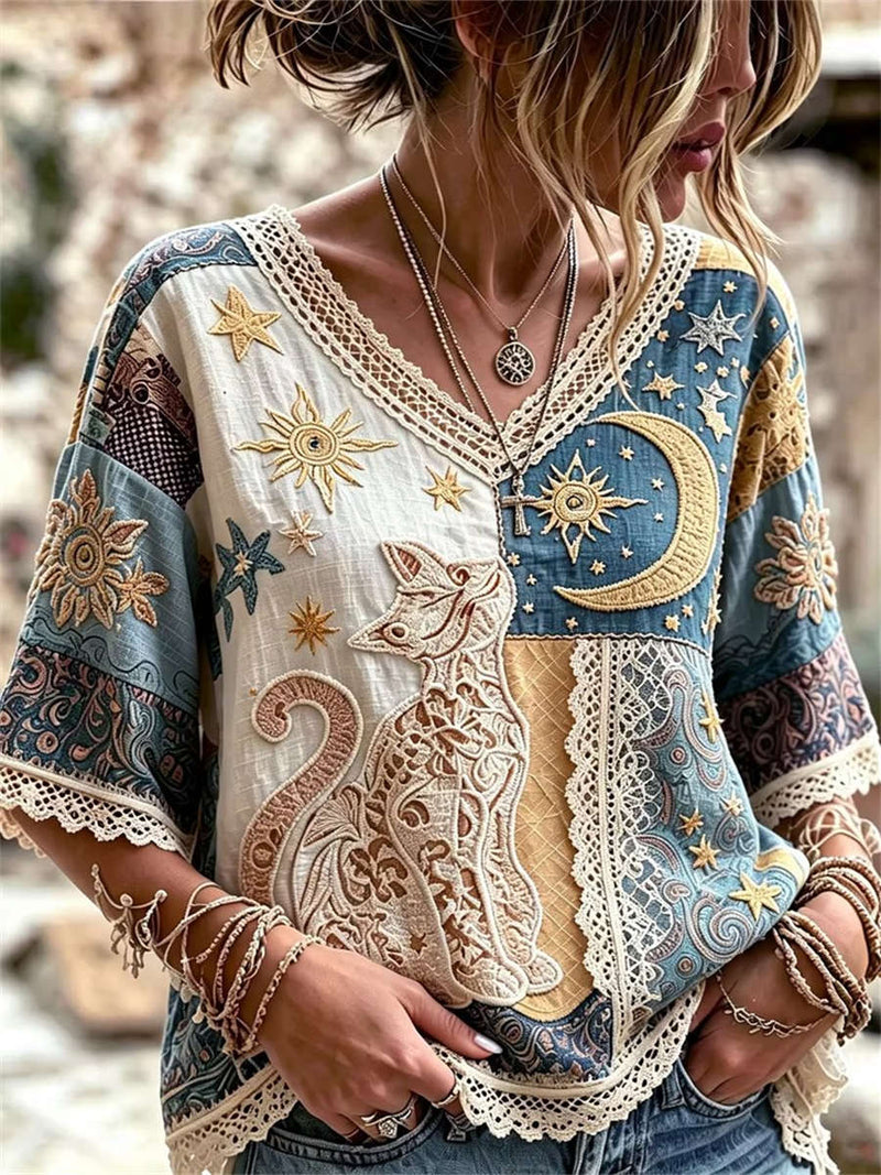 Women's Multi Patchwork Sun Moon Star Cat Embroidered Lace V Neck 3/4 Sleeve Blouse