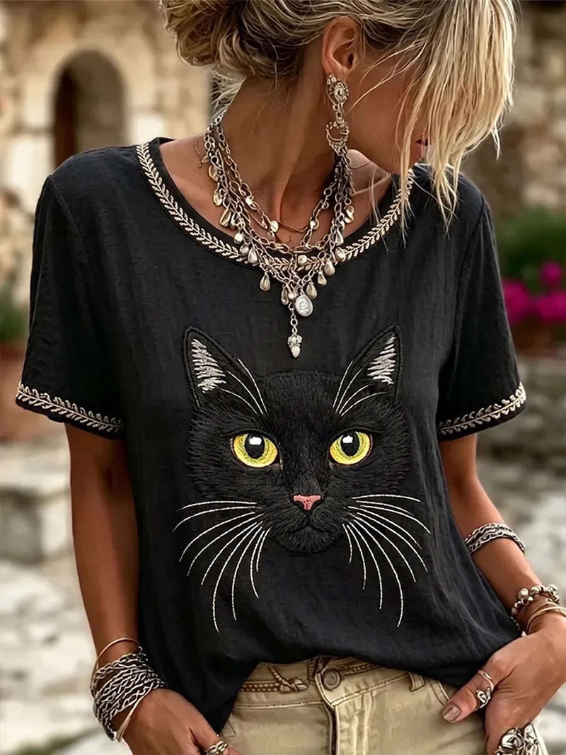 Women's Black Big Cat Face Embroidered Round Neck Short Sleeve Blouse