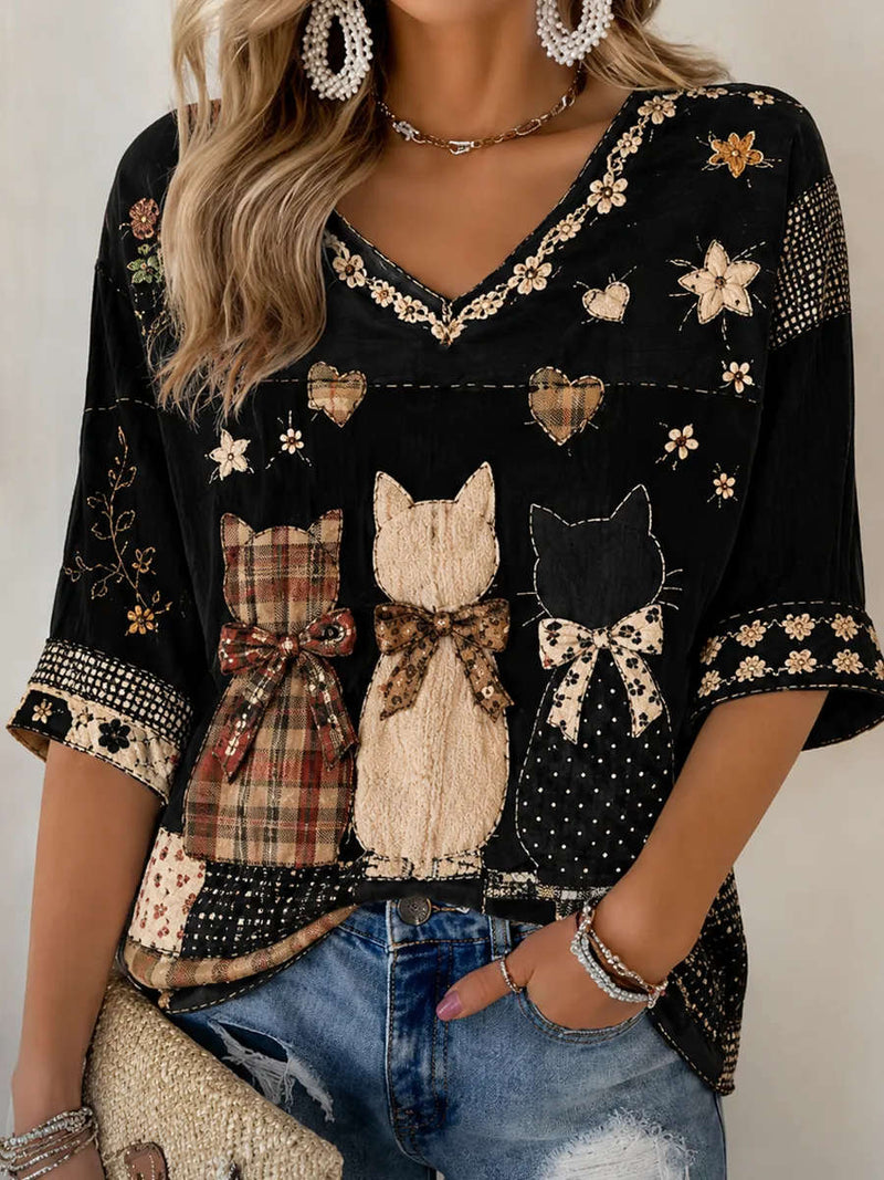 Women's Black Patchwork Cat Applique Floral Embroidered V Neck 3/4 Sleeve Blouse