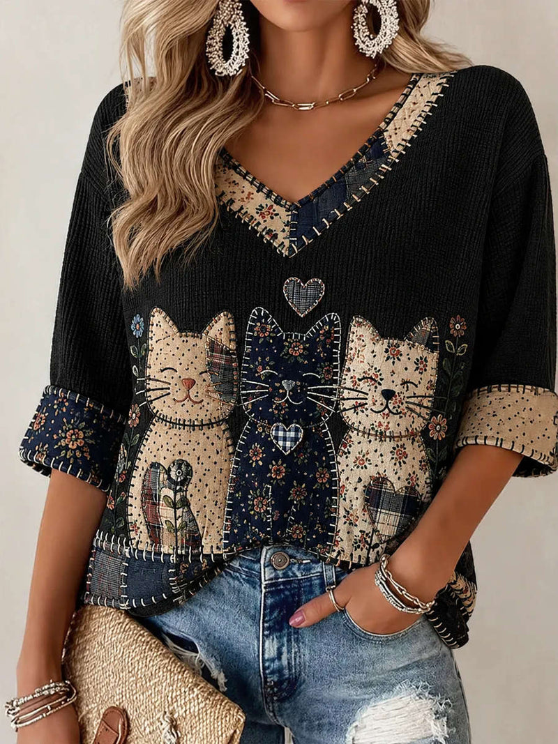 Women's Black Patchwork Cat Applique Embroidery V Neck 3/4 Sleeve Blouse