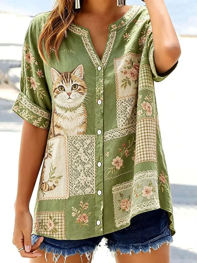 Women's Green Cat Floral Print Lace Notch Neck Short Sleeve Shirt