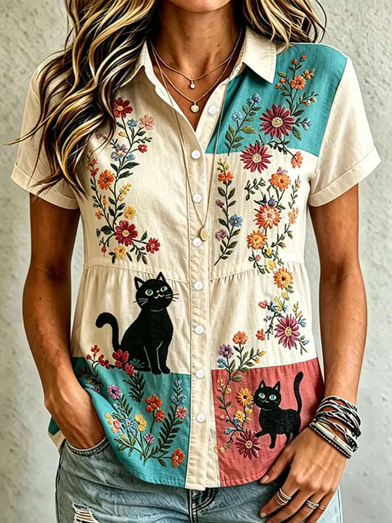 Women's Beige Color Block Cat Floral Embroidered Collared Short Sleeve Shirt