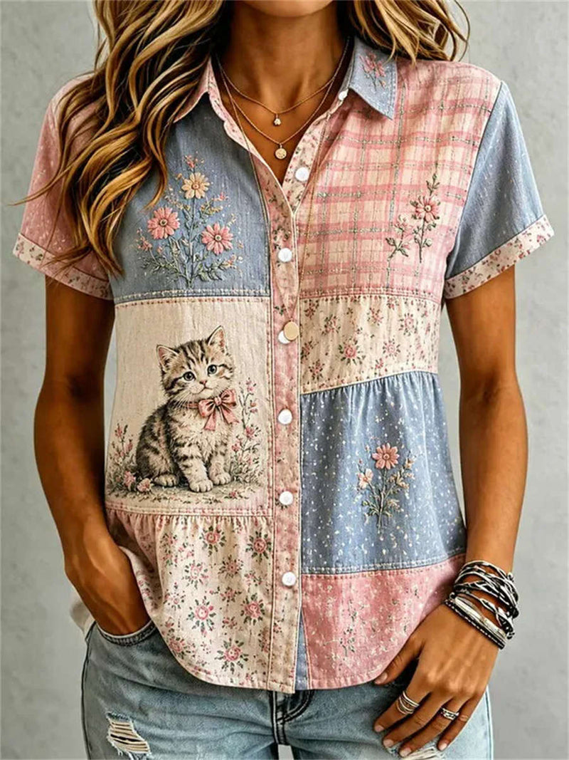 Women's Pink Blue Patchwork Cat Floral Print Collared Short Sleeve Shirt