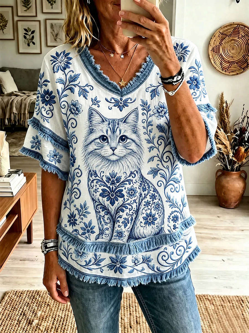 Women's White Blue Cat Floral Print Fringe V Neck Half Sleeve Blouse