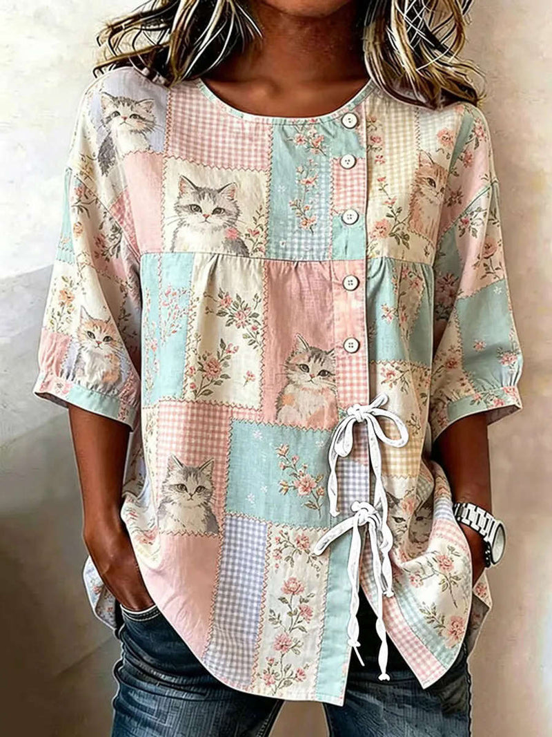 Women's Pink Patchwork Cat Floral Print Round Neck 3/4 Sleeve Blouse