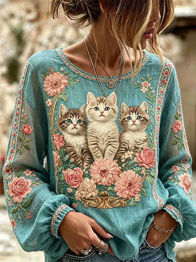 Women's Teal Three Kittens Floral Embroidered Round Neck Long Sleeve Blouse