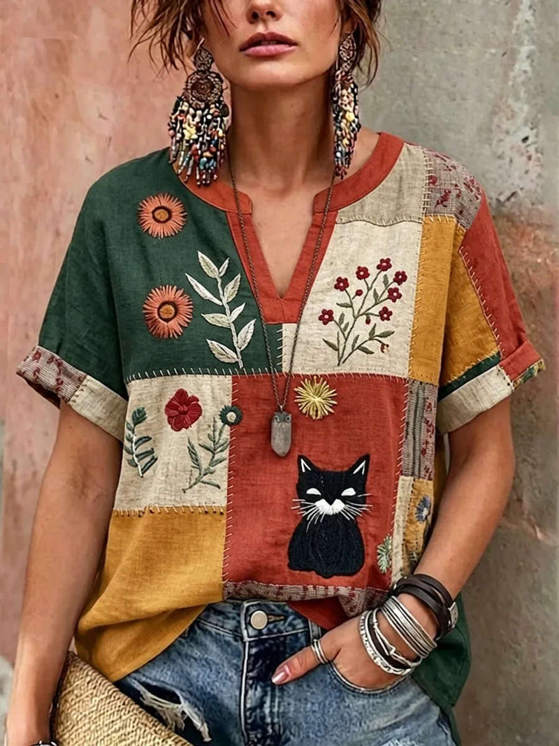 Women's Multi Patchwork Cat Floral Embroidered Notched V Neck Short Sleeve Blouse