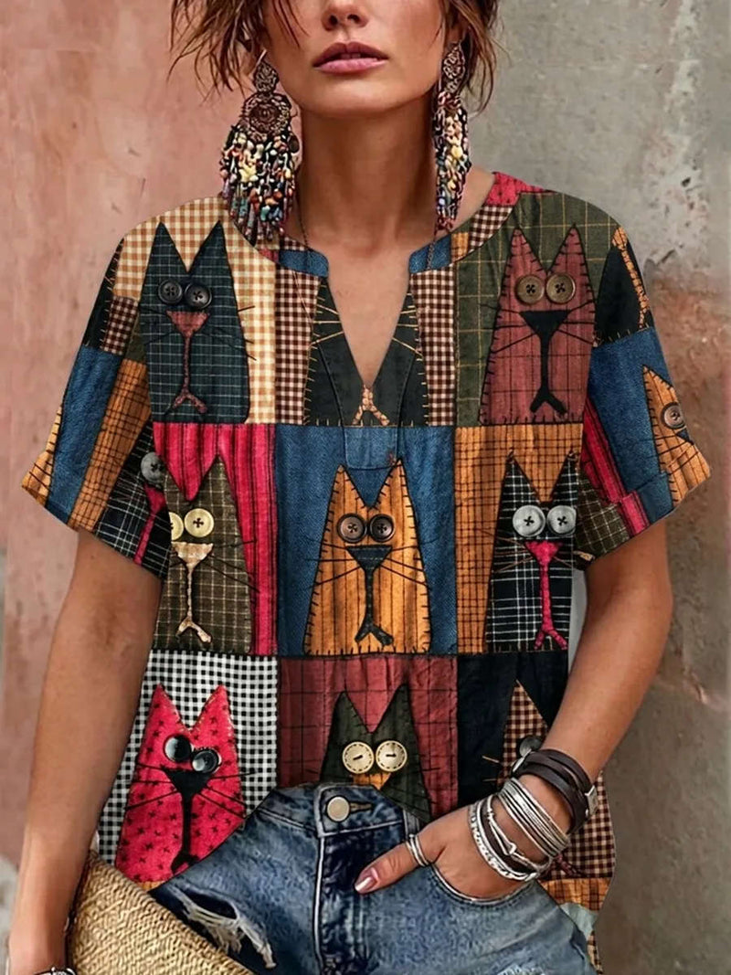 Women's Multi Patchwork Button Eye Cat Print Notched V Neck Short Sleeve Blouse