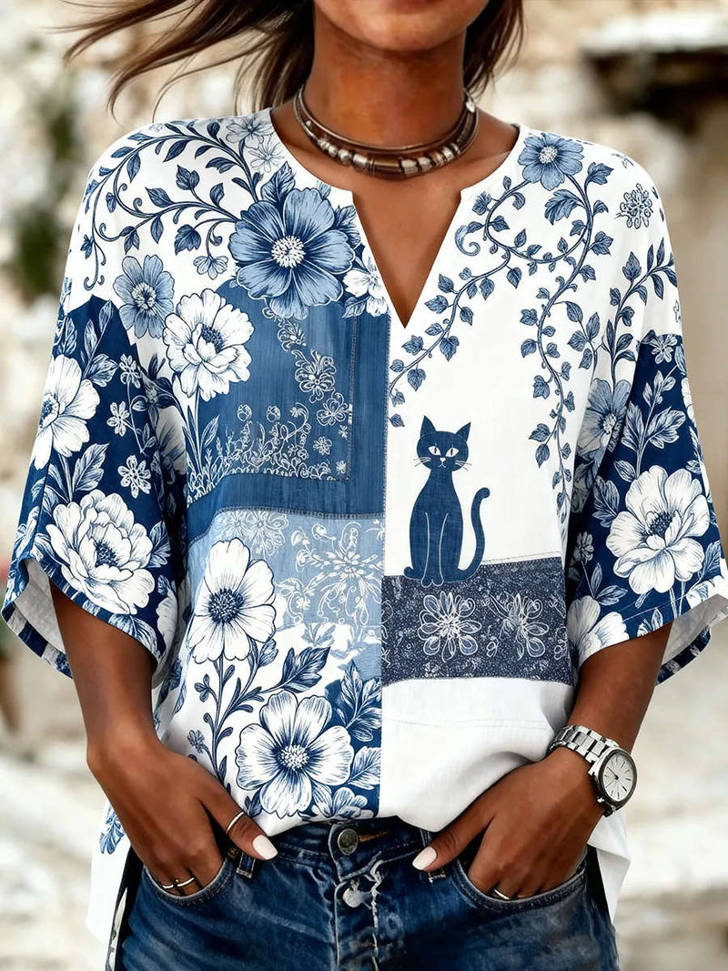 Women's Blue White Floral Cat Print Notched V Neck 3/4 Sleeve Blouse