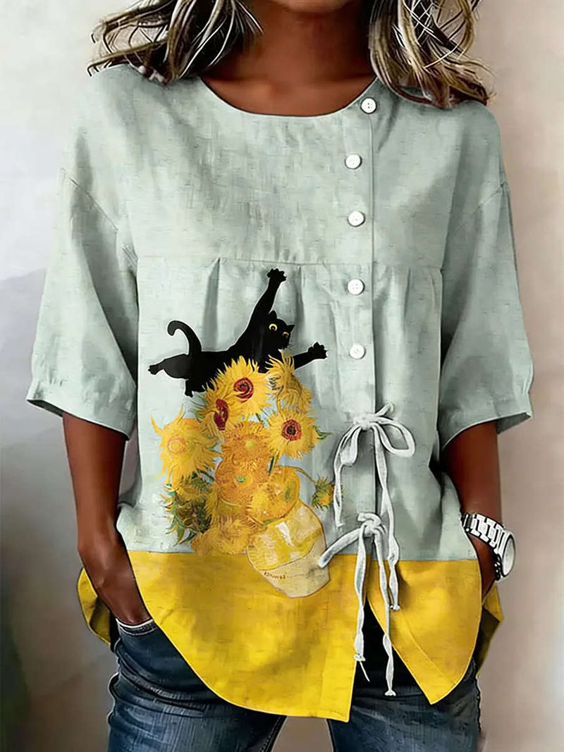 Women's Light Sage Sunflower Black Cat Print Round Neck 3/4 Sleeve Blouse