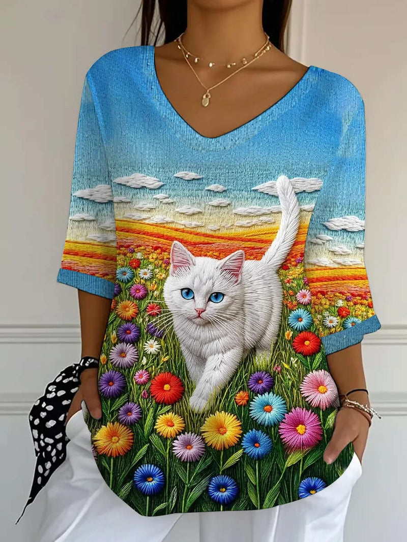 Women's Multi Scenery White Cat Floral Print V Neck 3/4 Sleeve Blouse