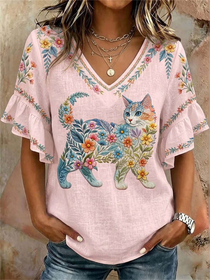 Women's Pink Floral Cat Print V Neck Ruffle Short Sleeve Blouse