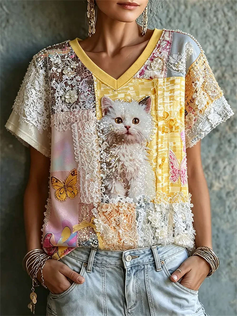 Women's Yellow Patchwork Lace Cat Butterfly Print V Neck Short Sleeve Blouse