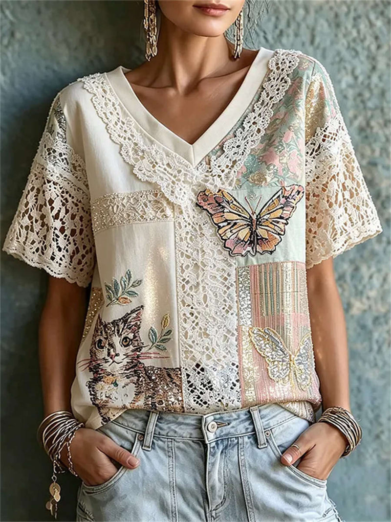 Women's Off White Lace Splice Cat Butterfly Print V Neck Short Sleeve Blouse