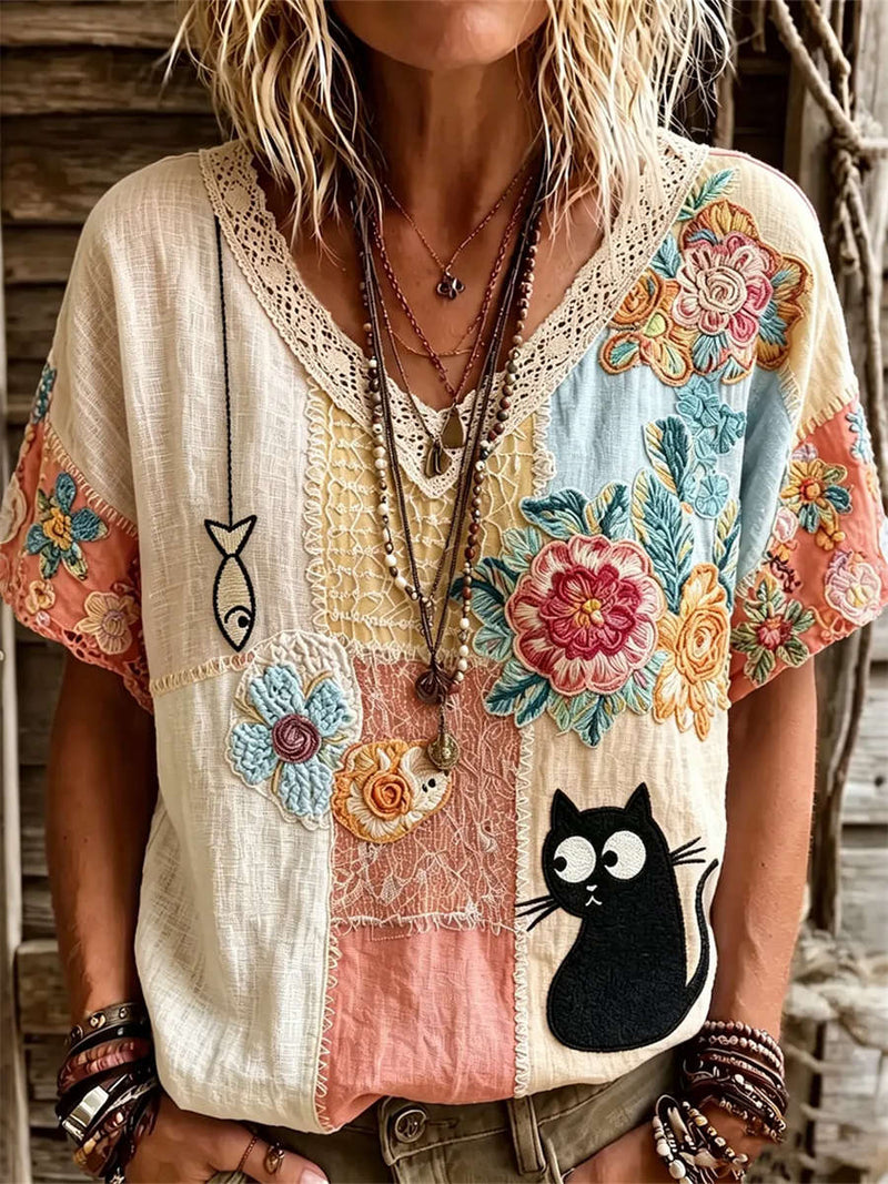 Women's Multi Patchwork Floral Cat Fish Embroidery V Neck Short Sleeve Blouse