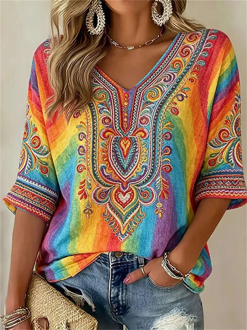 Women's Rainbow Stripe Ethnic Embroidery V Neck 3/4 Sleeve Blouse