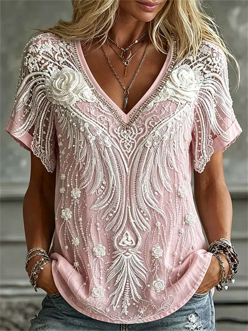 Women's Pink Lace Wing Embroidery V Neck Short Sleeve Blouse