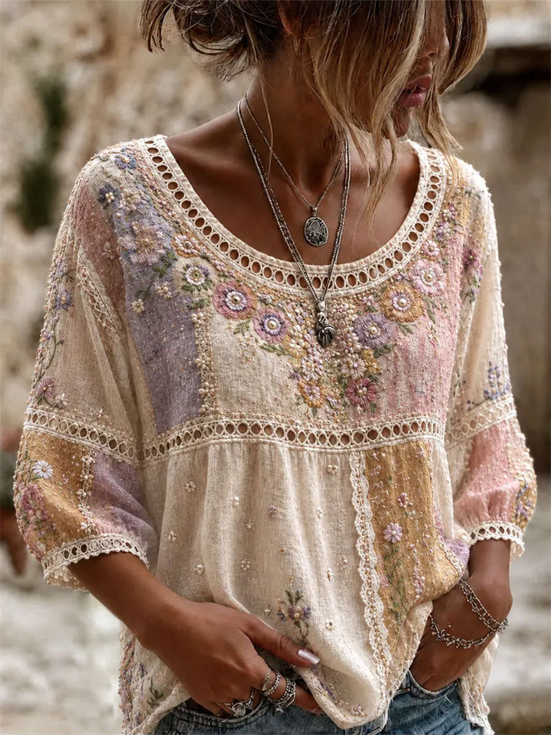 Women's Beige Patchwork Floral Embroidery Hollow Round Neck 3/4 Sleeve Blouse